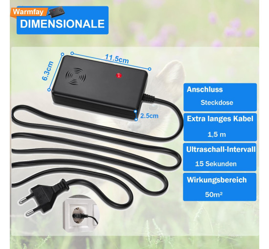 Warmfay Ультразвуковий відлякувач куниць A4208 з вилкою та ефектом запобігання звикання для 50 м², чорний (5076)