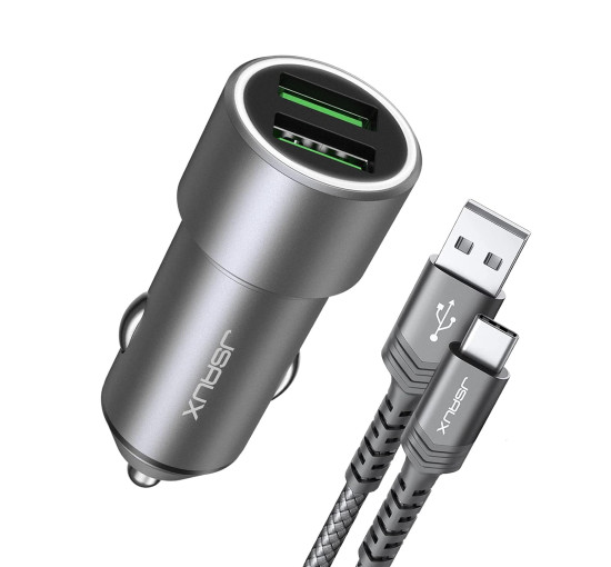 Автомобільний зарядний пристрій 36 Вт JSAUX Metal Dual QC 3.0 з кабелем USB-C 3,3 фути (my-12102)