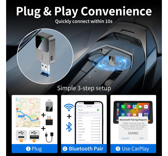 Бездротовий адаптер SOSECCE, перетворює дротове підключення Apple CarPlay на бездротове, білий (my-17129)