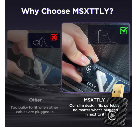 Бездротовий міні-USB-адаптер MSXTTLY зі швидким підключенням до автомобіля 2-в-1 для CarPlay та Android Auto, чорний (my-17124)