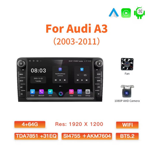 Автомобильная магнитола с беспроводной связью CarPlay, Android 12, для Audi A3 8P S3 2003-2012 RS3 Sportback с GPS-навигацией и аудиосистемой (my-17095)