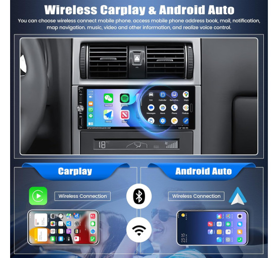Автомобільна стереосистема 1 Din із бездротовим CarPlay Android Auto 6,9-дюймовим HD IPS сенсорним екраном (my-18102)