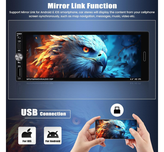 Автомобільна стереосистема 1 Din із бездротовим CarPlay Android Auto 6,9-дюймовим HD IPS сенсорним екраном (my-18102)