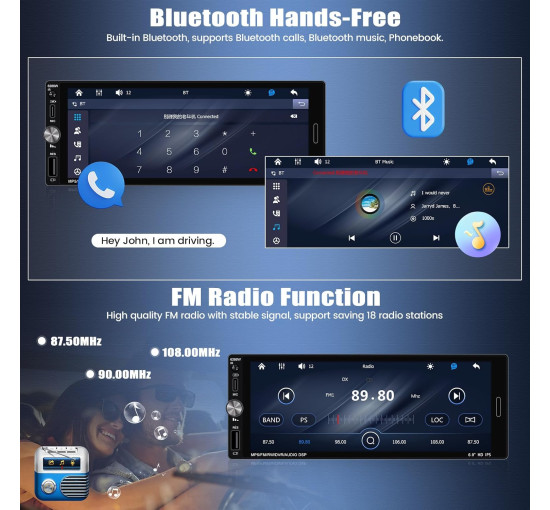 Автомобільна стереосистема 1 Din із бездротовим CarPlay Android Auto 6,9-дюймовим HD IPS сенсорним екраном (my-18102)