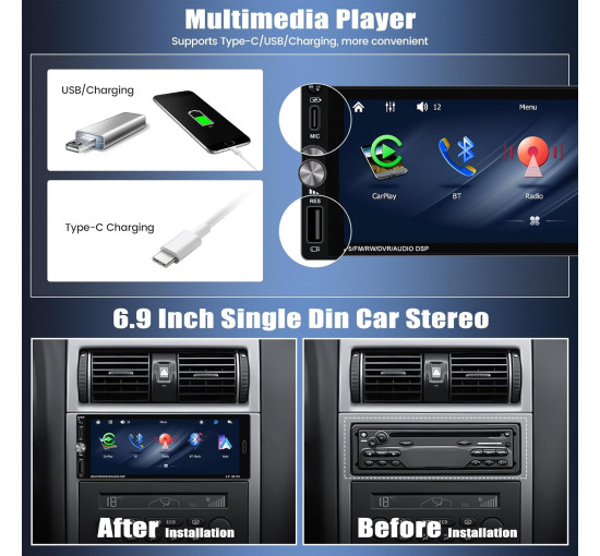 Автомобільна стереосистема 1 Din із бездротовим CarPlay Android Auto 6,9-дюймовим HD IPS сенсорним екраном (my-18102)