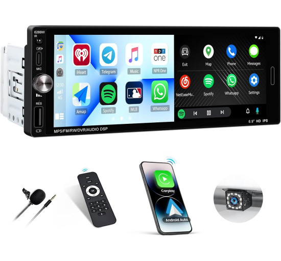 Автомобільна стереосистема 1 Din із бездротовим CarPlay Android Auto 6,9-дюймовим HD IPS сенсорним екраном (my-18102) Автомобільна стереосистема 1 Din із бездротовим CarPlay Android Auto 6,9-дюймовим HD IPS сенсорним екраном (my-18102)