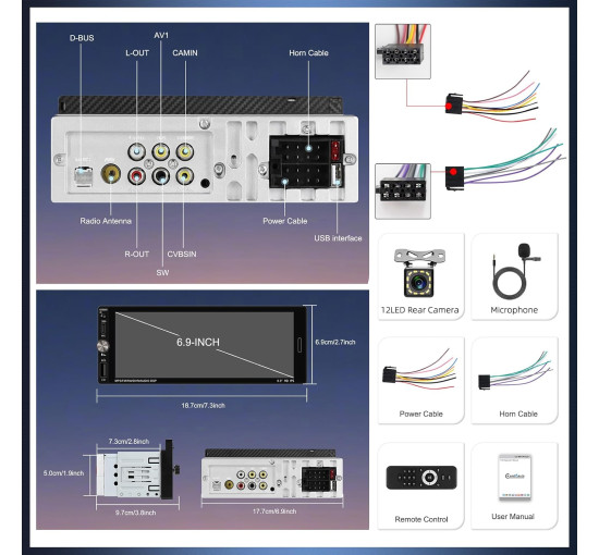 Автомобільна стереосистема 1 Din із бездротовим CarPlay Android Auto 6,9-дюймовим HD IPS сенсорним екраном (my-18102)