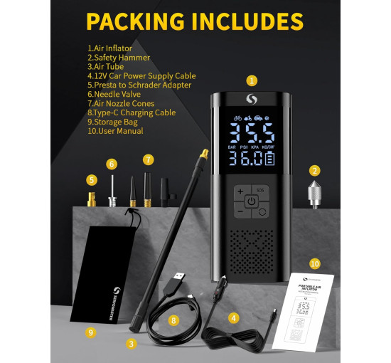 Повітряний портативний компресор для накачування шин SERVOMASTER SM02 з манометром що працює від акумулятора 12 В (my-17207)