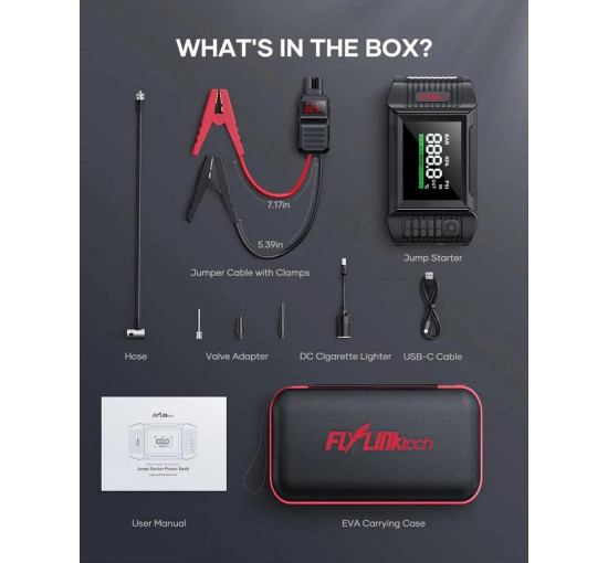 Пускозарядні пристрої jump starter FLYLINKTECH BD20 5000 А, 20000 мАг з повітряним компресором, 160 Вт (my-17086)