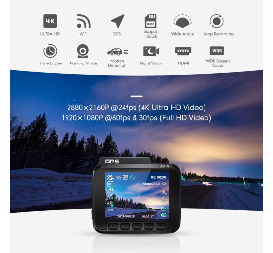 WiFi видеорегистратор AZDOME GS63H 4K, UHD 2160P, 2,4-дюймовый IPS-экран, черный (my-4011)