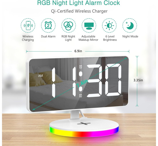 Цифровий будильник ORIA із бездротовою зарядкою, 10 режимів RGB Night Light (my-3081)