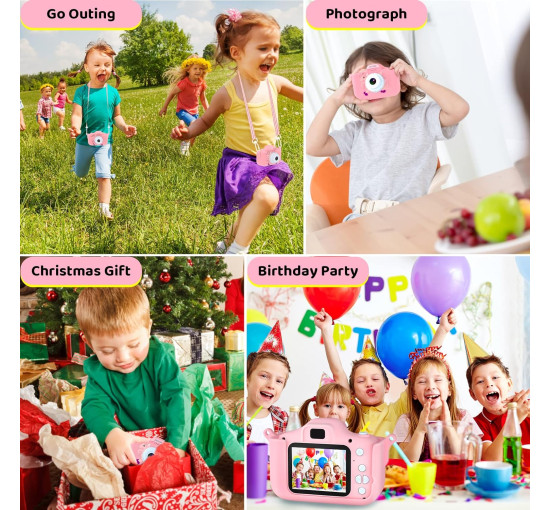 Детская цифровая камера-фотоаппарат ASTGMI C3Pro для малышей с SD-картой 32 ГБ и силиконовым чехлом, розовый (my-057pink)
