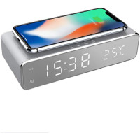 Світлодіодний цифровий будильник Mellion з бездротовою зарядною док-станцією, дисплей з відображенням часу та температури, сріблястий (my-7088)