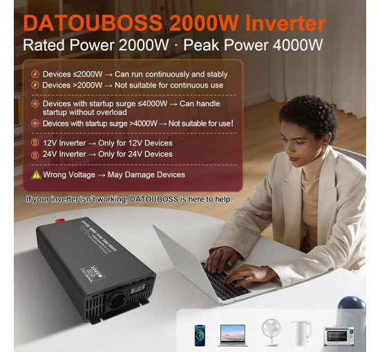 Інвертор DATOUBOSS 2000 Вт / 4000 Вт, перетворювач напруги чистої синусоїди 12 В 220 В з 1 вилкою EU, РК-дисплеєм (my-17212)