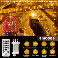 Гирлянда LITYBY Fairy Lights, водонепроницаемая, 15 м/49 футов, 120 светодиодных гирлянд, питание от сети, 8 режимов дистанционного управления (my-17250)