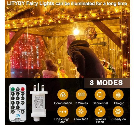Гирлянда LITYBY Fairy Lights, водонепроницаемая, 15 м/49 футов, 120 светодиодных гирлянд, питание от сети, 8 режимов дистанционного управления (my-17250)