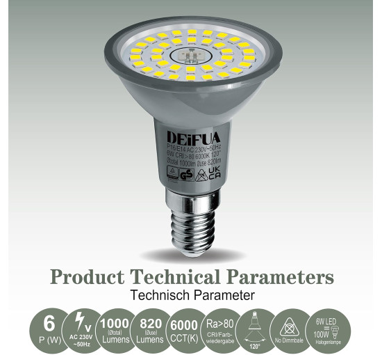 Галогенні лампочки E14 6 штук DEIFUA LED E14 3000 К (my-4356)