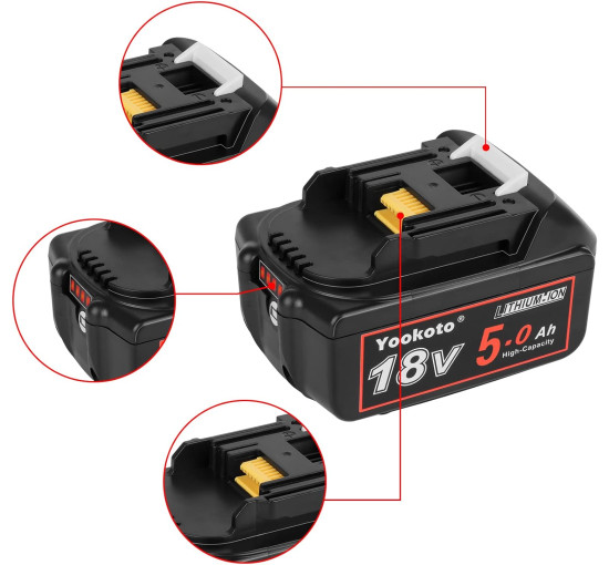 Аккумулятор Yookoto 18 В для зарядного устройства Makita BL1850B: комплект из 2 литий-ионных аккумуляторов емкостью 5,0 А·ч со светодиодным индикатором (my-17016)