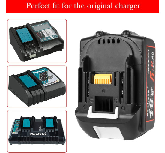 Аккумулятор Yookoto 18 В для зарядного устройства Makita BL1850B: комплект из 2 литий-ионных аккумуляторов емкостью 5,0 А·ч со светодиодным индикатором (my-17016)