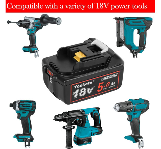 Аккумулятор Yookoto 18 В для зарядного устройства Makita BL1850B: комплект из 2 литий-ионных аккумуляторов емкостью 5,0 А·ч со светодиодным индикатором (my-17016)