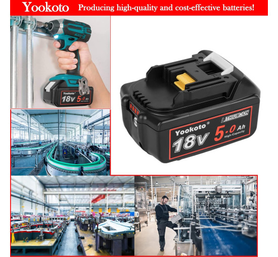 Аккумулятор Yookoto 18 В для зарядного устройства Makita BL1850B: комплект из 2 литий-ионных аккумуляторов емкостью 5,0 А·ч со светодиодным индикатором (my-17016)