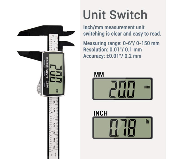 Электронный цифровой штангенциркуль Vodlbov 0-150 мм / 0.2 мм с очень большим ЖК-экраном (my-9143)