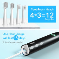 Электрическая перезаряжаемая зубная щетка Sejoy для взрослых с 4 насадками, 3 режимами и встроенным интеллектуальным таймером на 2 минуты, черная (my-4070)