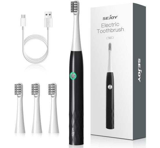 Електрична перезаряджувана зубна щітка Sejoy для дорослих з 4 насадками, 3 режимами та вбудованим інтелектуальним таймером на 2 хвилини, чорна (my-4070)