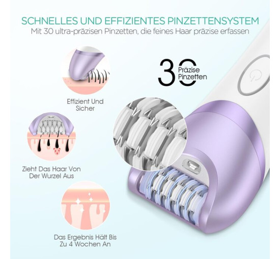 Бездротовий епілятор VOYOR жіночий, 3 насадки, 30 пінцетів, вологий та сухий, LCD світло BM300 фіолетовий (my-12034)
