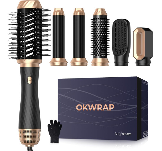 Стайлер для волос OKWRAP, набор для укладки волос 6 в 1 с круглой щеткой для укладки волос, феном, щеткой для теплого воздуха, термощеткой, щипцами для завивки волос (my-17227)