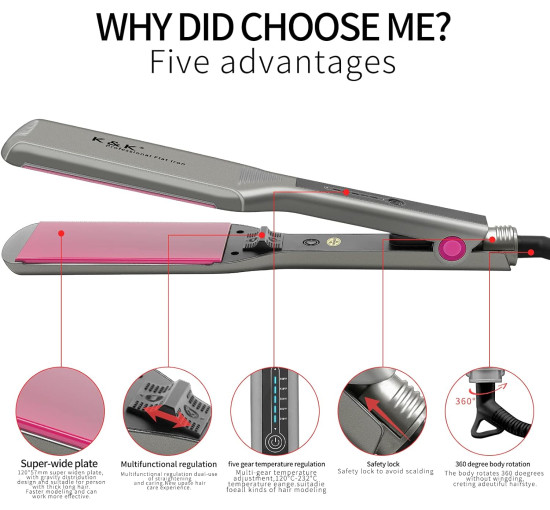 Выпрямитель для волос K&K QY-1085 с очень широкой пластиной 2,24 дюйма, керамическое покрытие, вилка для Великобритании (my-2022)