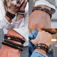 Набор 3 шт. эластичные браслеты: Tiger Eye, Лавовый камень для мужчин 8 мм RANKEEF, бусины с кристаллами (my-15354)