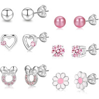Серьги в форме сердечек, бабочек, гвоздиков, ромашек из стерлингового серебра 925 пробы для девочек/женщин RANKEEF, 6 пар, гипоаллергенные, розовые, серебристые (my-15356)