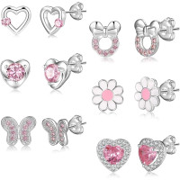 Сережки у формі сердець, метеликів зі стерлінгового срібла 925 проби для дівчаток / жінок RANKEEF, 6 пар, гіпоалергенні сережки з фіанітами, рожеві (my-15349)