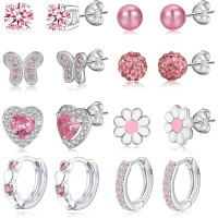 Сережки у формі сердець, метеликів, ромашок зі стерлінгового срібла 925 проби для дівчаток / жінок RANKEEF, 8 пар, гіпоалергенні сережки з фіанітами, рожеві (my-15350)