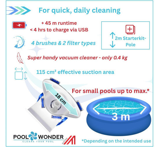 Акумуляторний пилосос для басейну Poolwonder Cleverix зі стартовою штангою довжиною 2 м (my-18020)