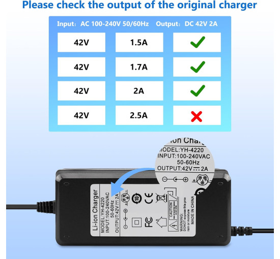 Зарядний пристрій для електросамокатів 42 В 2 А Xahpower, сумісний з електричними самокатними самокатами з літієвими акумуляторами 36 В (my-17259)