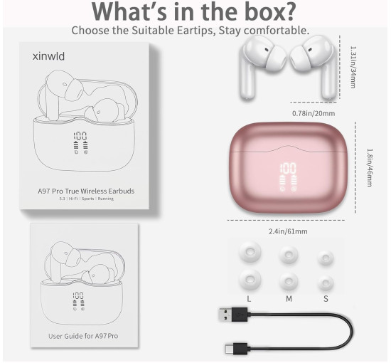 Беспроводные водонепроницаемые наушники Xinwld A97 Pro, 36 часов воспроизведения, светодиодный дисплей, сверхлегкие, розовое золото (my-9164)