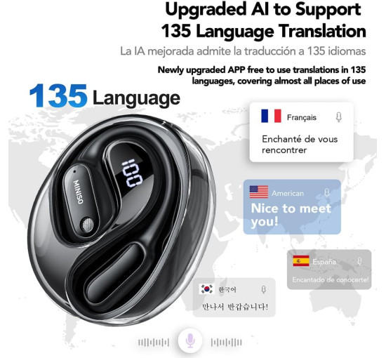 Навушники-перекладачі MINISO MS190 AI в режимі реального часу 135 мов з додатком (my-18111)