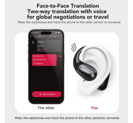 Навушники-перекладачі MINISO MS190 AI в режимі реального часу 135 мов з додатком (my-18111)