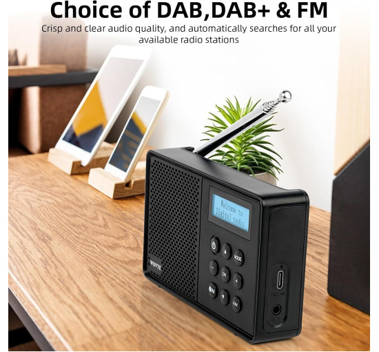 Цифрове портативне радіо WOVTE DAB+ з можливістю підзарядки та живленням від мережі, Bluetooth, 40 передустановок, світлодіодний дисплей (my-17100)