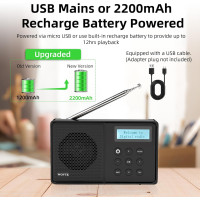 Цифрове портативне радіо WOVTE DAB+ з можливістю підзарядки та живленням від мережі, Bluetooth, 40 передустановок, світлодіодний дисплей (my-17100)