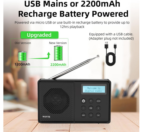 Цифрове портативне радіо WOVTE DAB+ з можливістю підзарядки та живленням від мережі, Bluetooth, 40 передустановок, світлодіодний дисплей (my-17100)