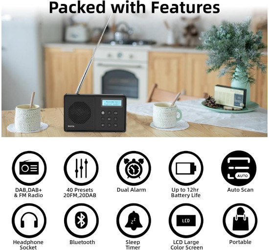 Цифрове портативне радіо WOVTE DAB+ з можливістю підзарядки та живленням від мережі, Bluetooth, 40 передустановок, світлодіодний дисплей (my-17100)