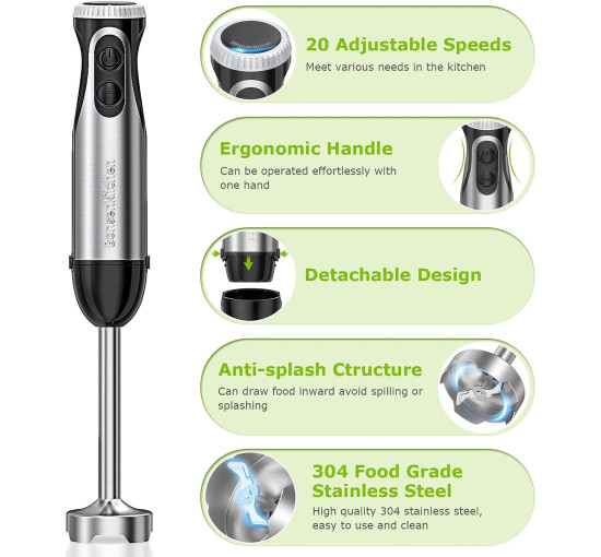 Ручний блендер 2-в-1 з віночком Bonsenkitchen HB3204 1000 Вт 20 швидкостей (my-14045)