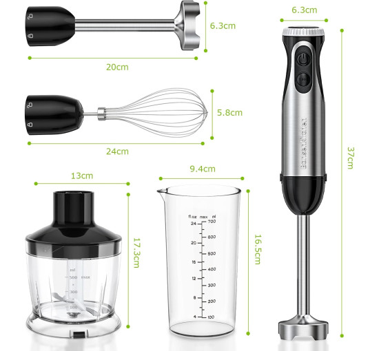 Ручной блендер Bonsenkitchen HB3203 из нержавеющей стали 4 в 1 мощностью 1000 Вт, 20 скоростей черный (my-14029)
