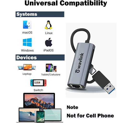Ethernet-адаптер 2-в-1 USB C - USB 3.0 WAVLINK 2.5G (my-4119)
