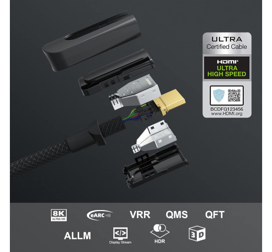 Сертифікований кабель FIBBR 8K HDMI 2.1, 8K@60 Гц 4K@120 Гц 48 Гбіт/с, надшвидкісний кабель HDMI, UHD eARC Dolby Vision HDR10+ HDCP, 2м (my-12032)