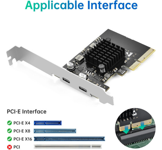 Карта расширения ELUTENG USB C PCIe с 2 портами 2 x 10 Гбит/с, совместимая с PCIE X4/X8/X16, PCI-E USB C 3.2 Gen2 20 Гбит/с с радиатором большой площади (my-12036)