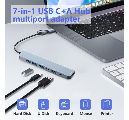 Многопортовый адаптер 7 в 2 с USB Hub 3.0, 2 портами USB-C и 4 портами USB 2.0 Loydia серый (my-15018)